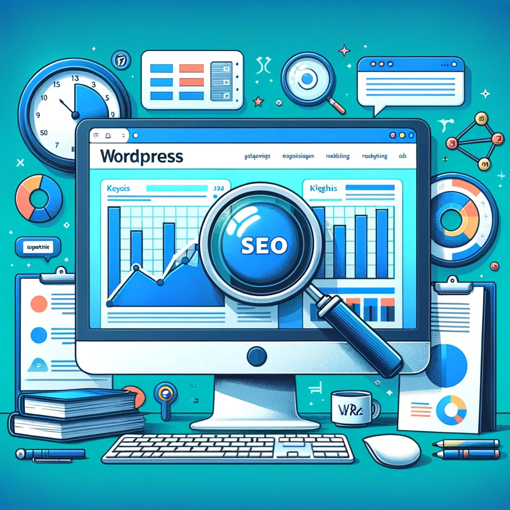 An image for a blog post titled 'WordPress en SEO_ Hoe rank je hoger in zoekmachines' (WordPress and SEO_ How to Rank Higher in Search Engines).